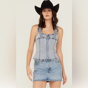 Blue B denim zip up top size large NWT western belt buckle straps